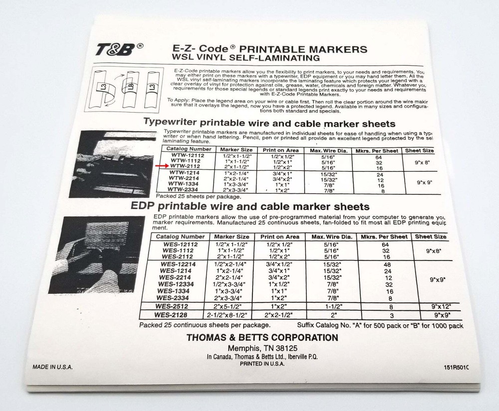 Thomas & Betts WTW-2112, 25 Pack Typewriter Printable Wire & Cable Marker Sheets