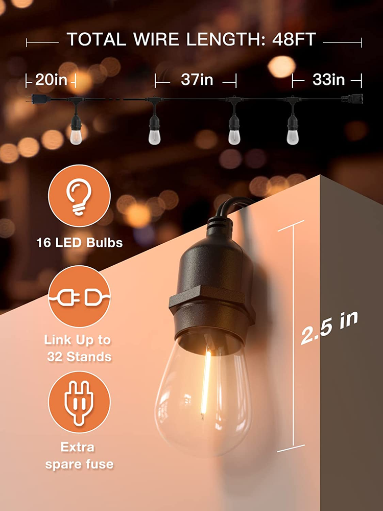 48FT LED Outdoor String Light with Dimmable Shatterproof Bulb for Home Decor