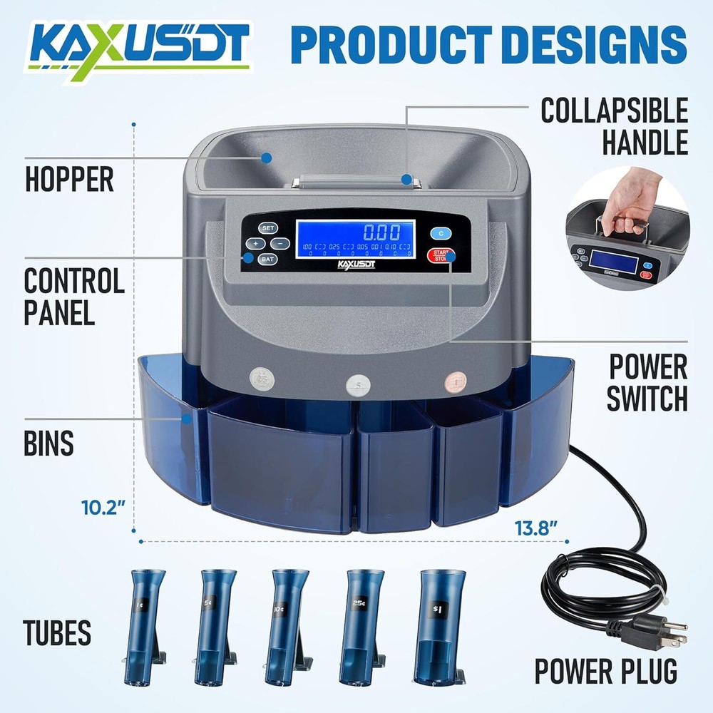 USD Coin Counter Machine, Professional Coin Sorter and Wrapper Roller Machine