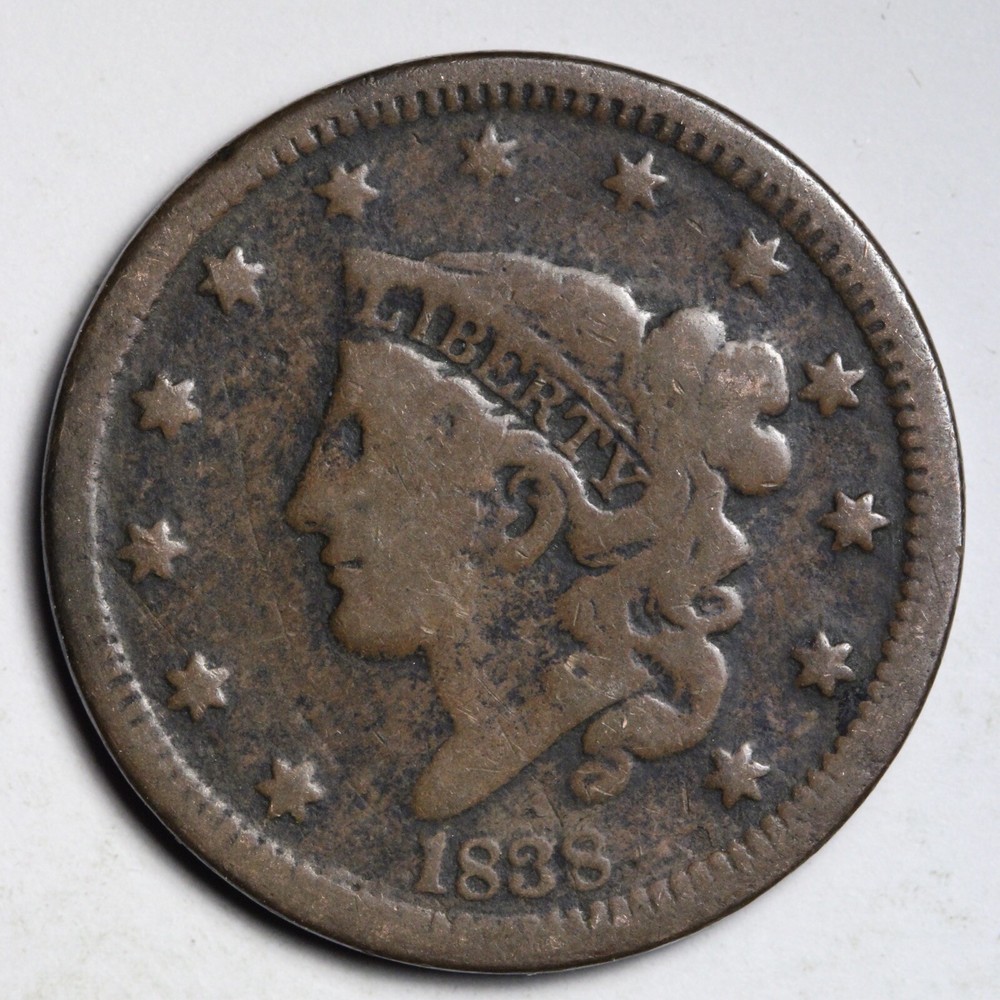 1838 Coronet Head Large Cent CHOICE FINE E211 KCH