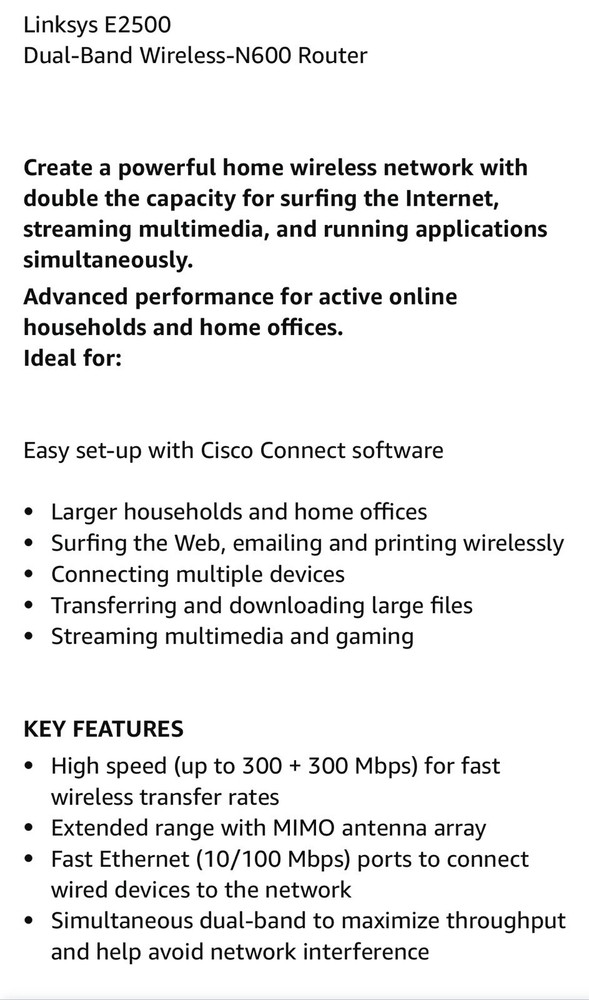 Linksys E2500 Dual band wireless Router N600