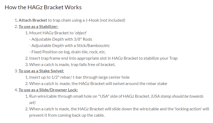 (12) HAGz Bracket - Multi Use Trap Stabilizer, Stake Swivel & Slide Drowner Lock