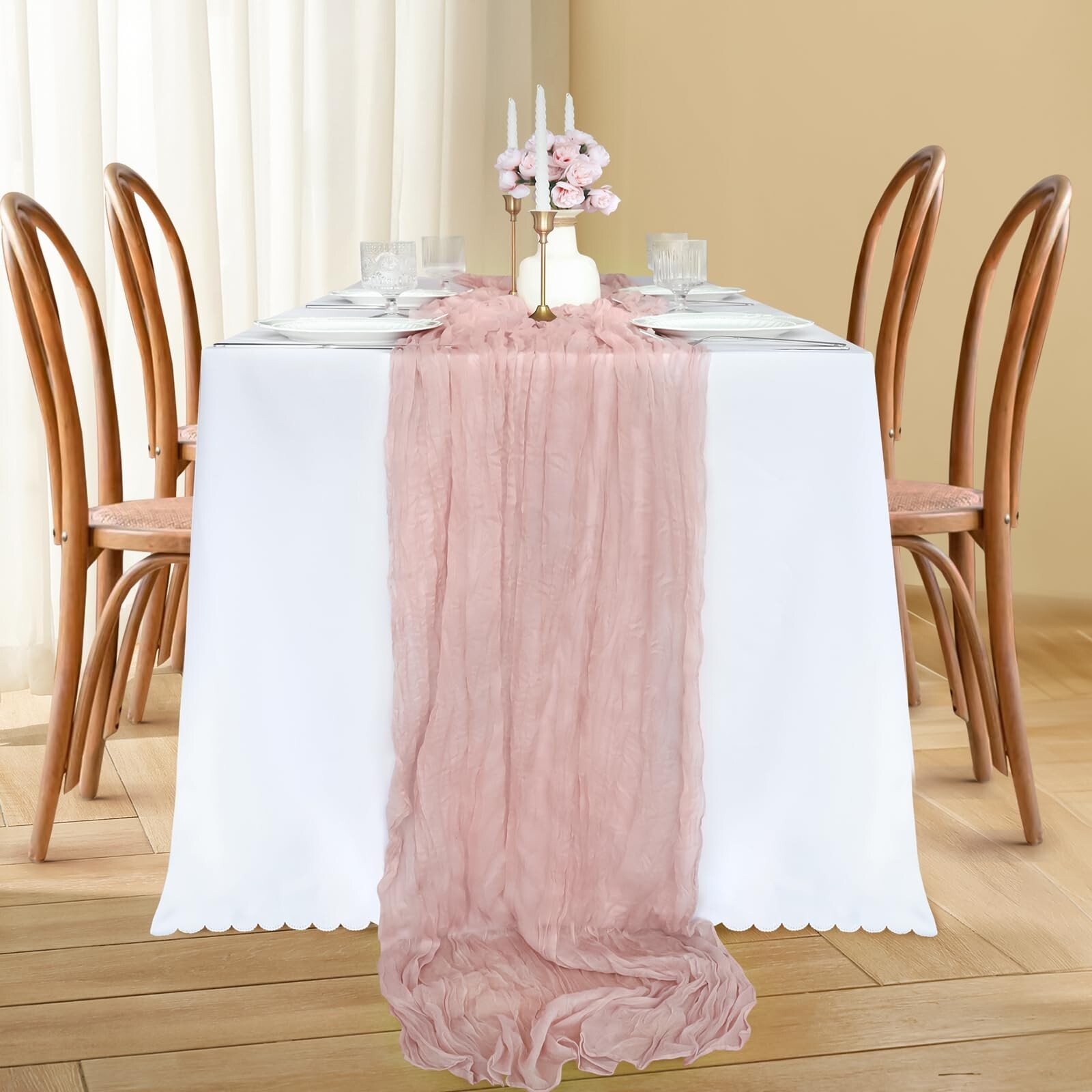 Pink Cheesecloth Table Runner, 10FT Dusty Pink Summer Boho Gauze Table Runner...