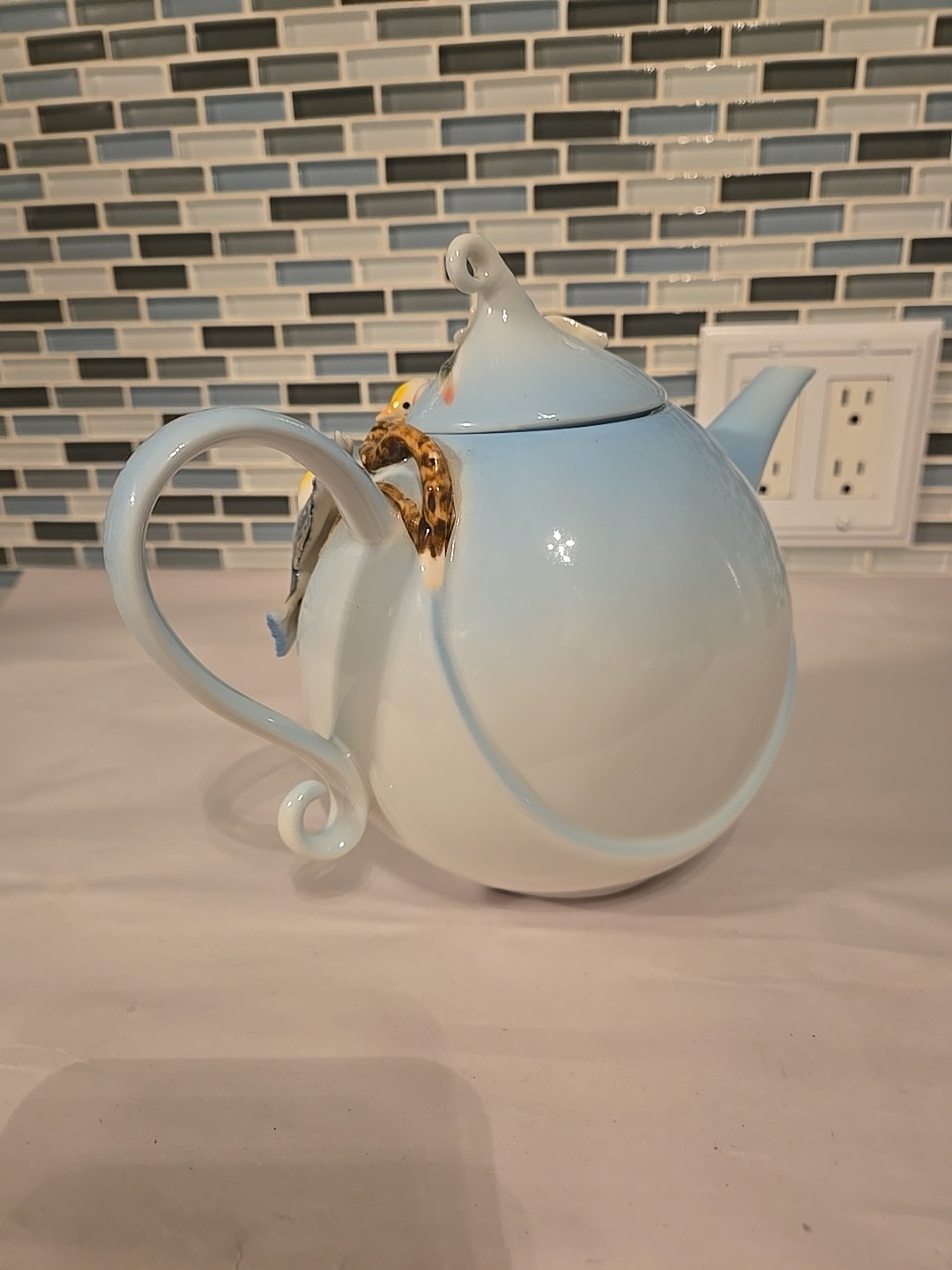 Pier 1 Imports Hand Painted Porcelain 3D Decorative Teapot Birds Flowers 7”