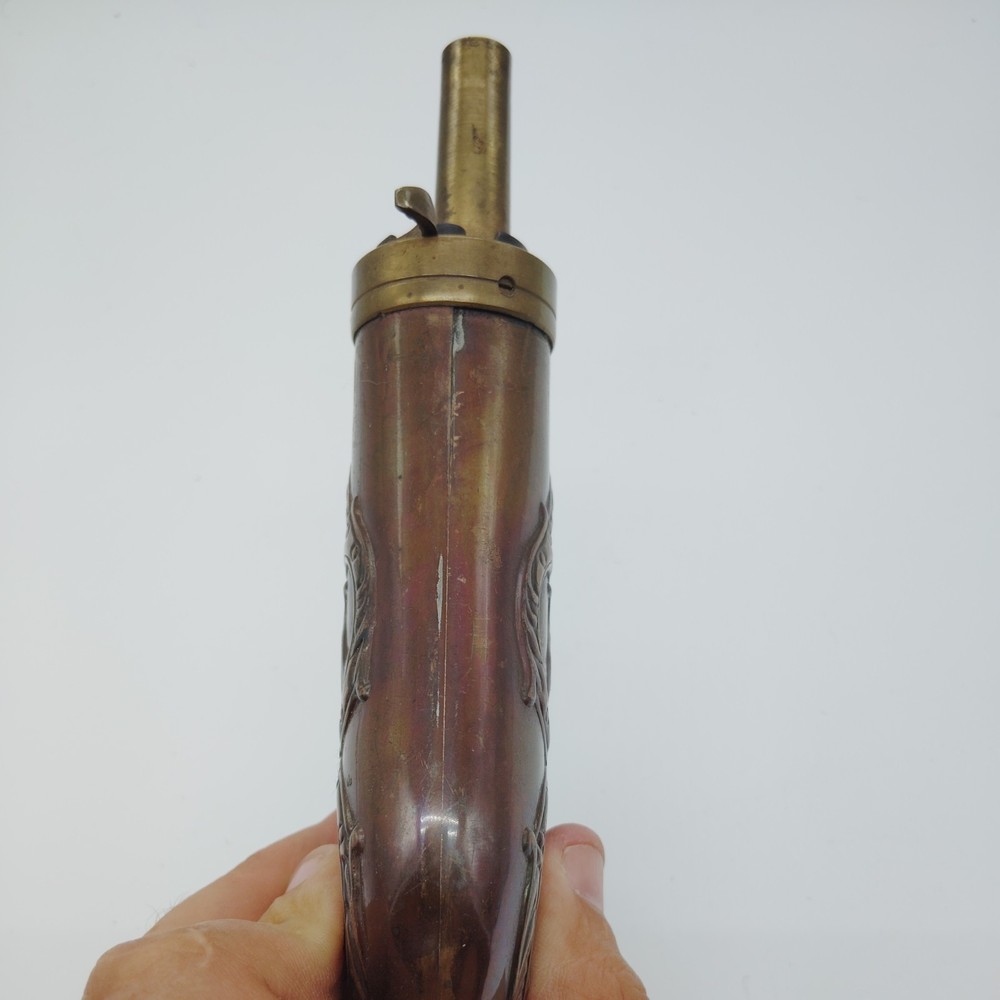 Vintage Brass black Powder Flask Embossed Shell Design Civil war ? Muzzleloader