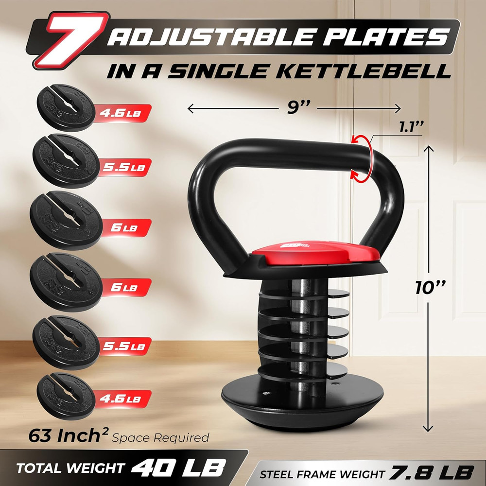 Adjustable Kettlebell Set, 20–40 LB Weight Set, Solid Cast Iron Handle with Spac