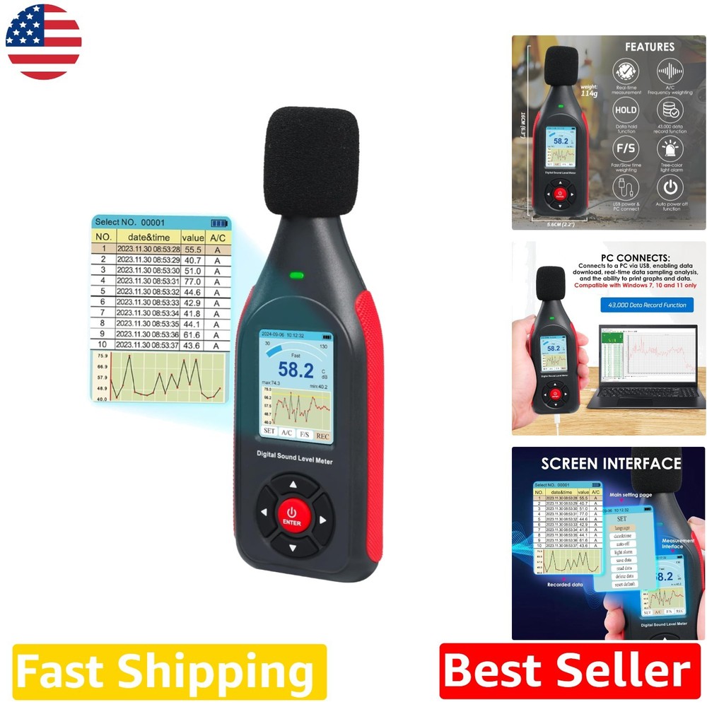 Digital Decibel Meter Data Logger 43K Records USB Export High Accuracy