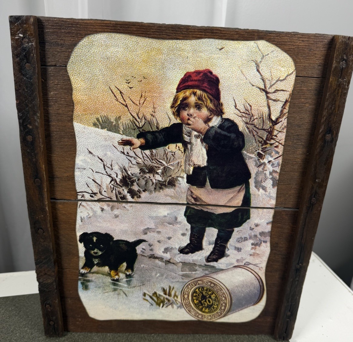 J&P Coats Vintage Print Ad Wood Slat Sign 13.5" x 12"