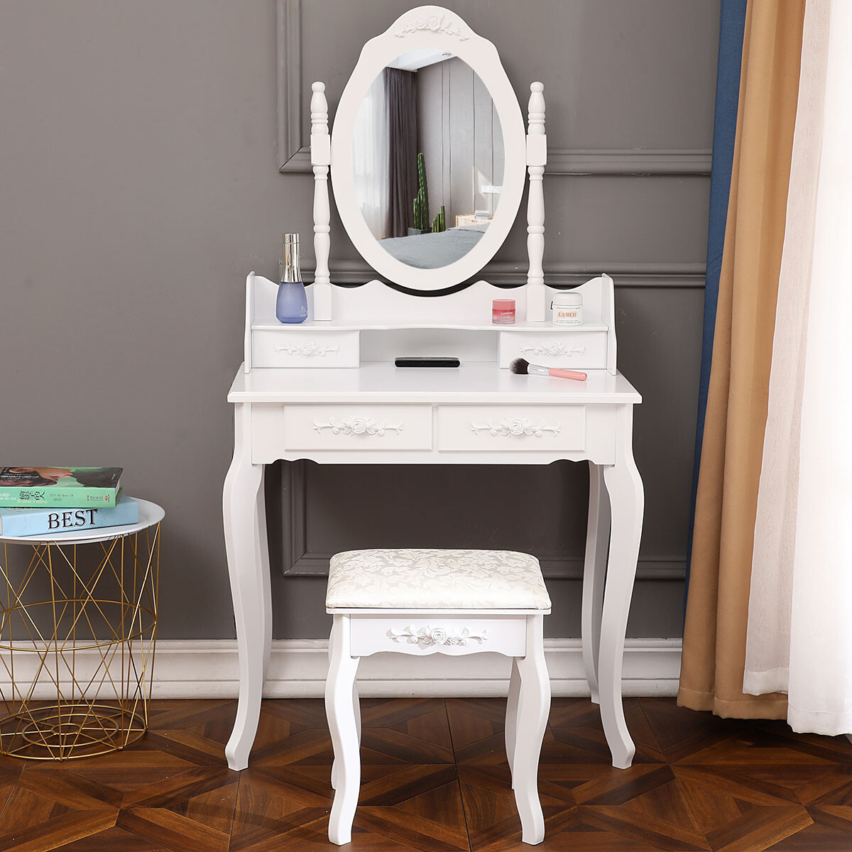 Vanity Makeup Dressing Table Stool Set w/4 Drawers& Mirrors Wood Desk White