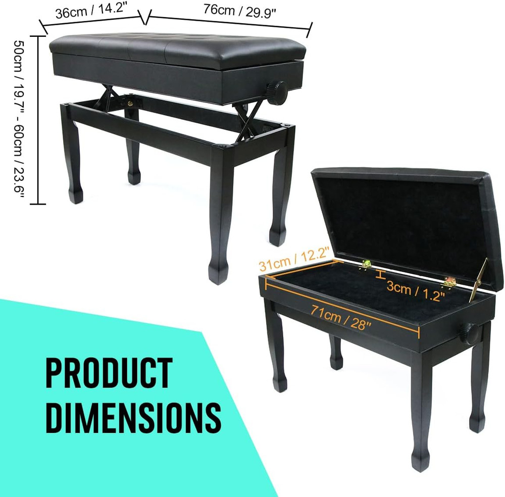 Adjustable Piano Bench with Storage, Solid Wood, Waterproof Cushion - Black