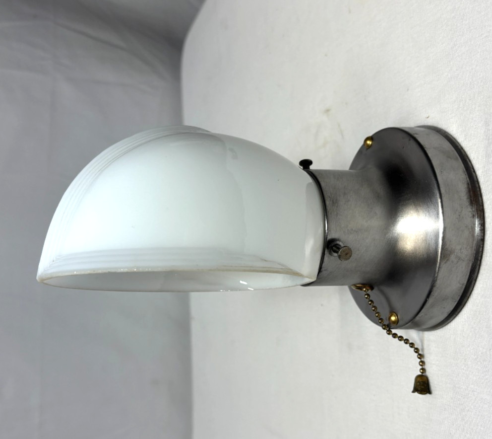 Vtg Wall Sconce Stamped Steel Metal MCM Light Fixture Art Glass Shade USA #M1