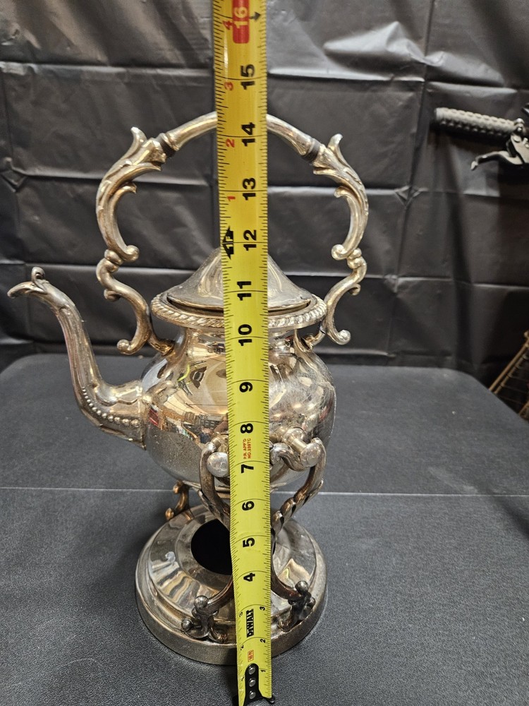 VINTAGE Birmingham Silver Co Silver on Copper Tilting Teapot on Stand w Warmer