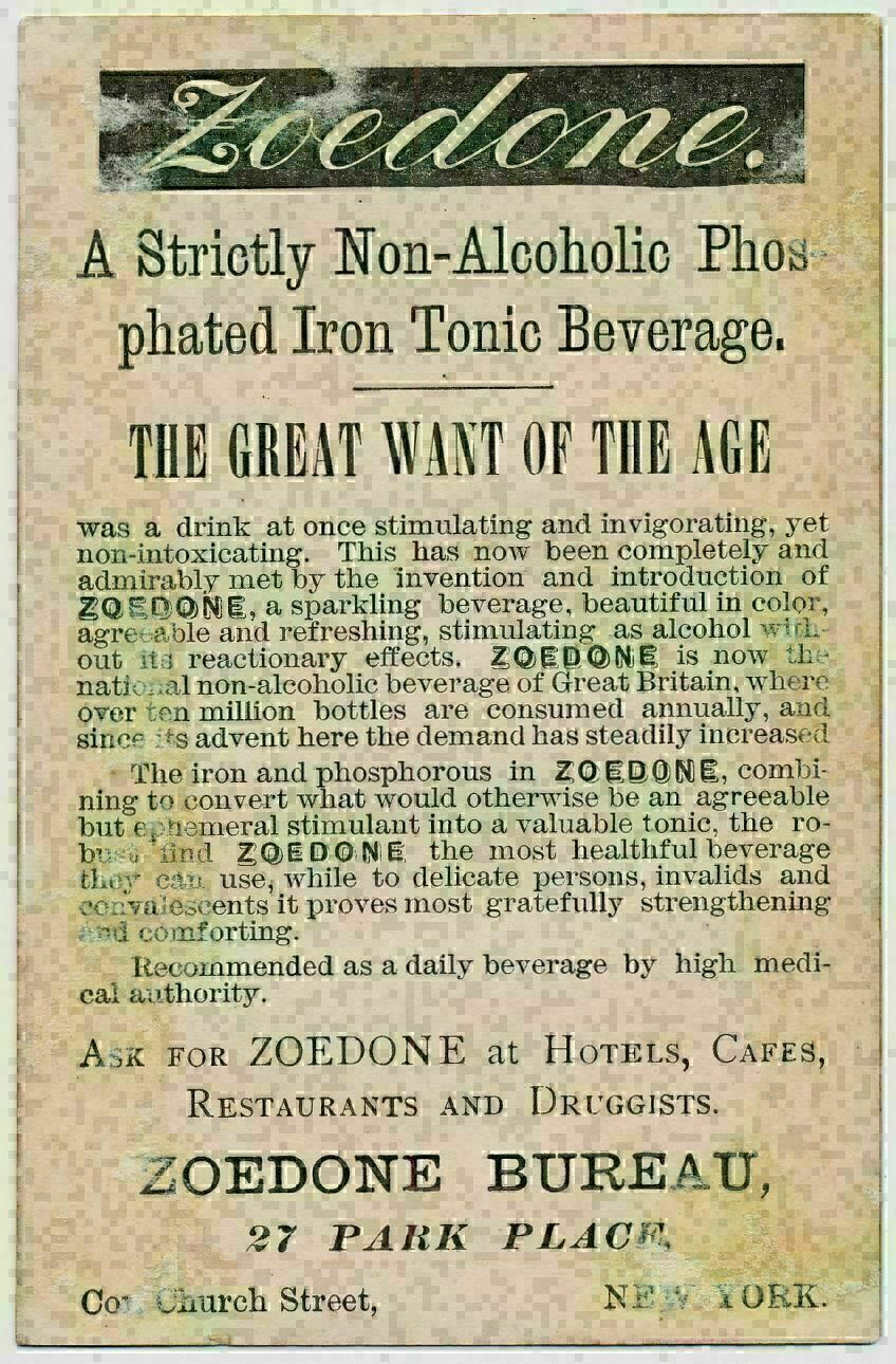 Zoedone Non-Alcoholic Phosphated Iron Tonic Beverage, Victorian Trade Card c1870