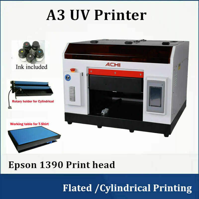 ACHI A3 UV Printer 1390 Printed Head Cylindrical 3D Embossed Flat T-Shirt Table
