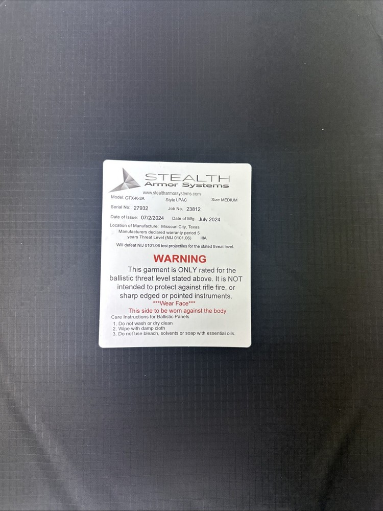 Level IIIA LPAC LPAAC Velocity Systems Armor Inserts Medium