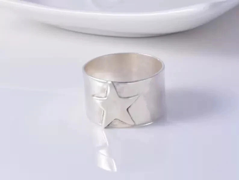 925 Sterling Silver, Solid Silver, Band Ring, Star, Wide Cigar Band Ring