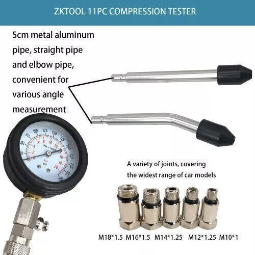 Car Engine Compression Test Tool Set 0-300PSI Includes M10 M12 M14 M18 Adapters