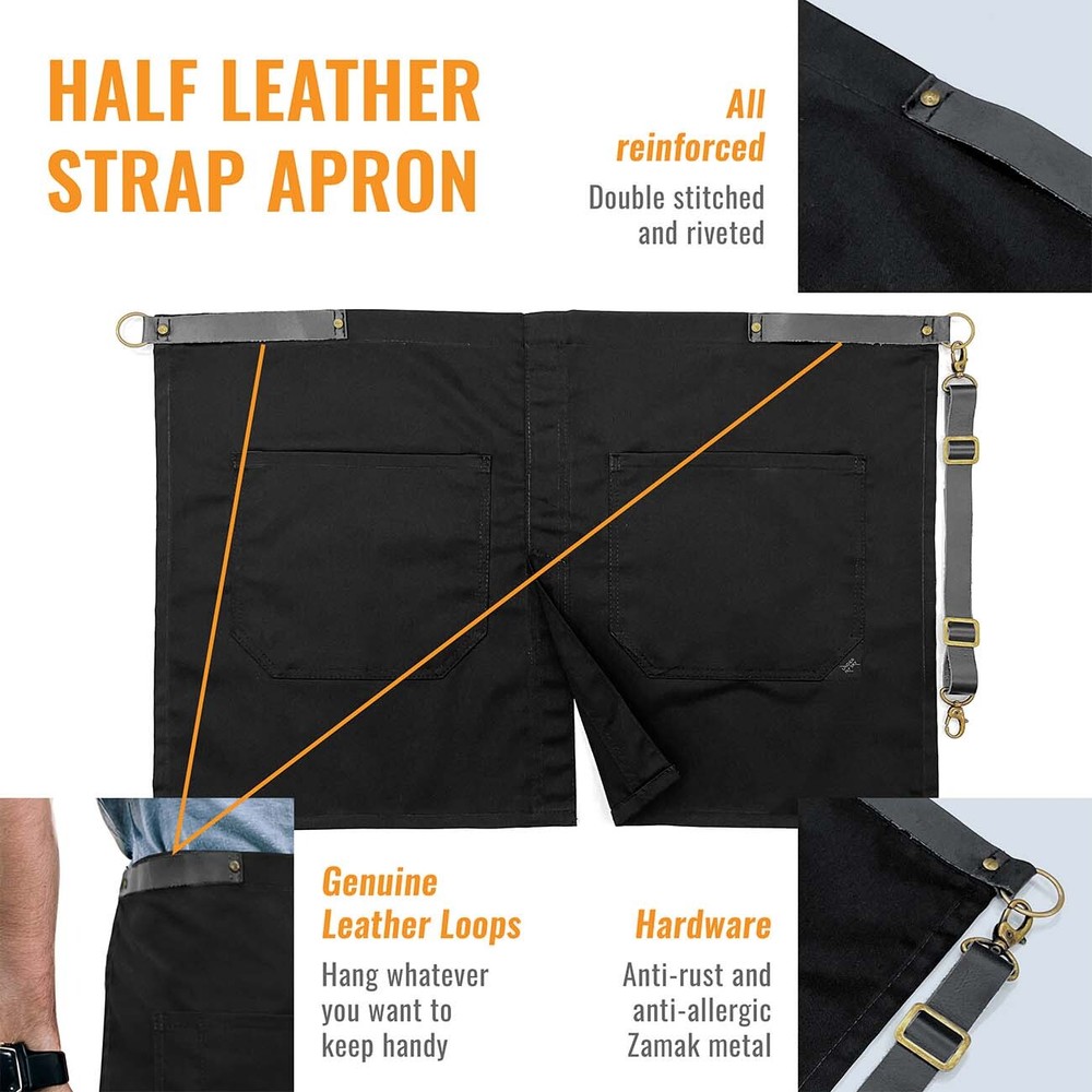 Half Apron - Genuine Leather Straps & Loops - Split-Leg - Restaurant, Waitstaff