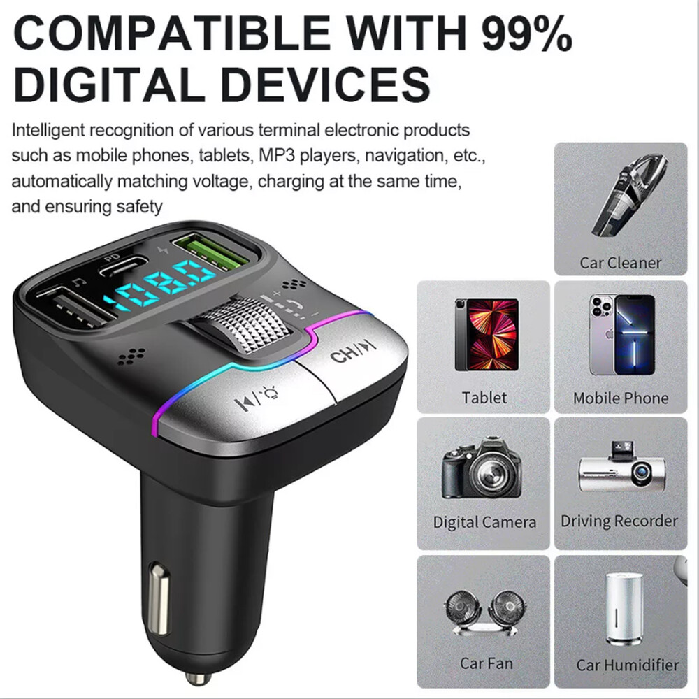 Car Bluetooth 5.3 FM Transmitter Wireless USB PD Adapter MP3 Player Fast Charger