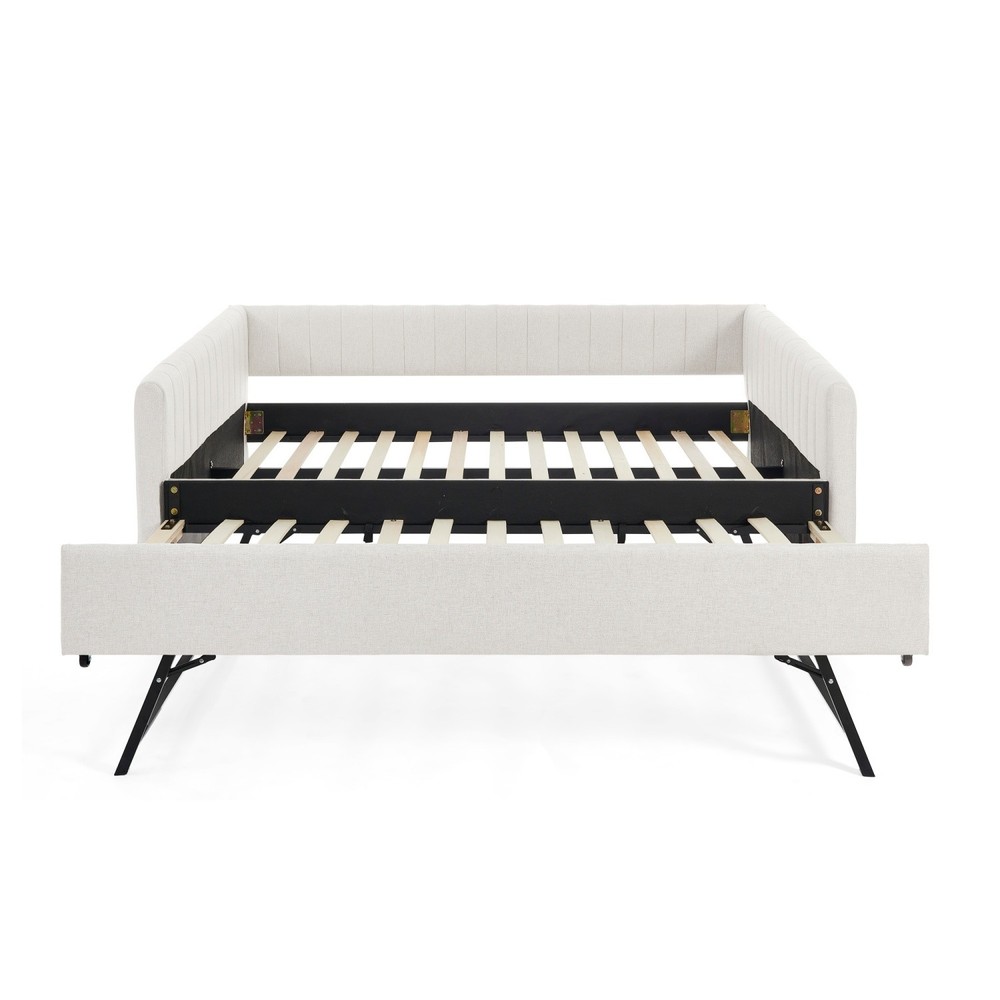Full Daybed Modern Linen Upholstered Bed Frame Sofa Bed with Pull-Out Trundle