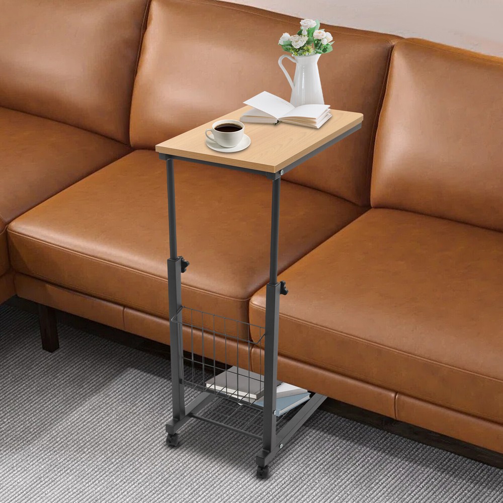 Height-Adjustable Teak Side Table with Wheels - 2 Tiers for Easy Storage