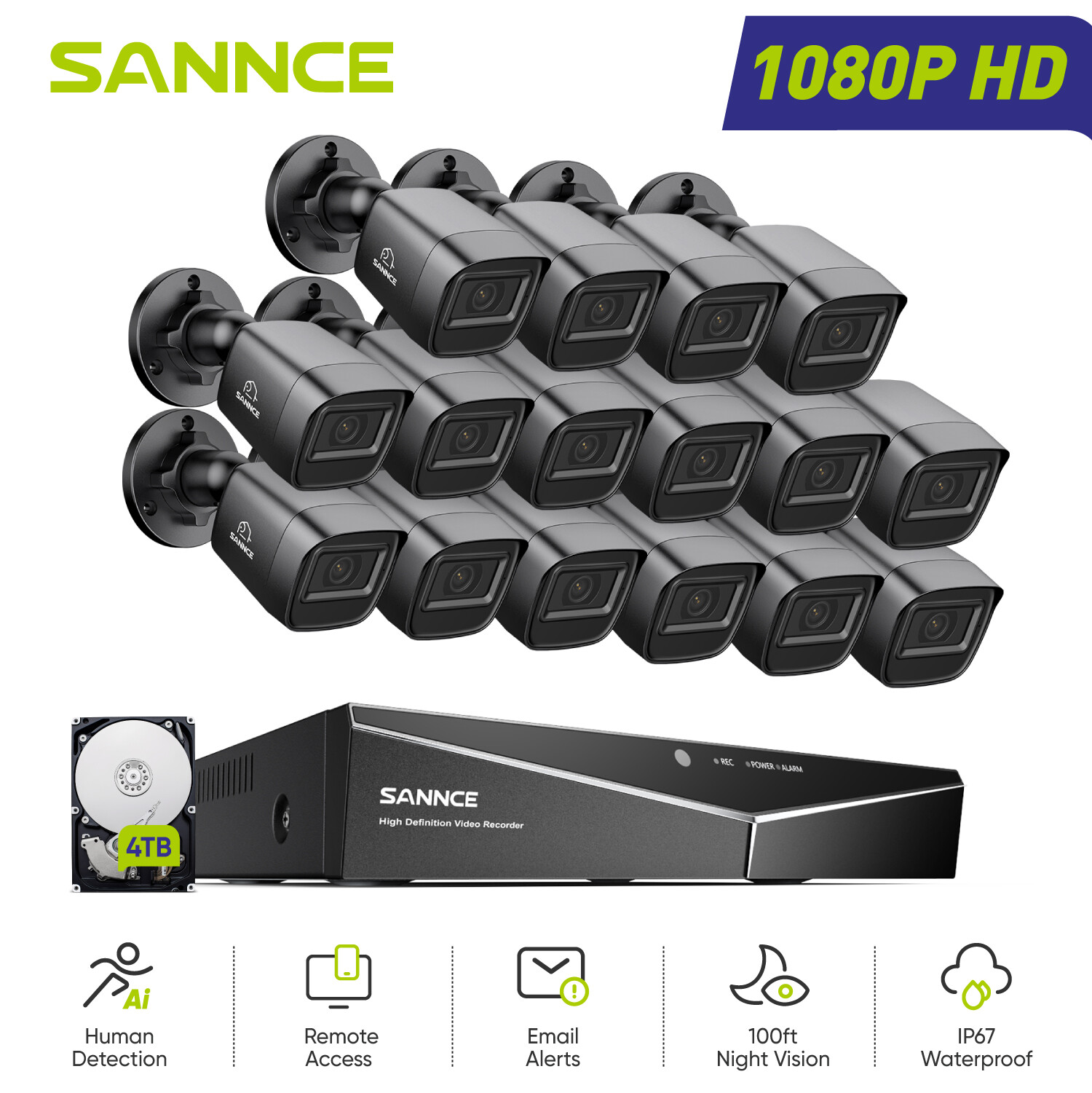 SANNCE 16CH 5IN1 DVR 1080P Home Security Camera System Outdoor IR Night Vision