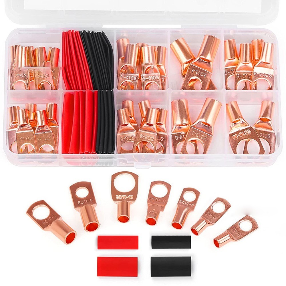 Complete Battery Terminal Copper Ring Terminal Wire Crimp Connector Kit 60pcs