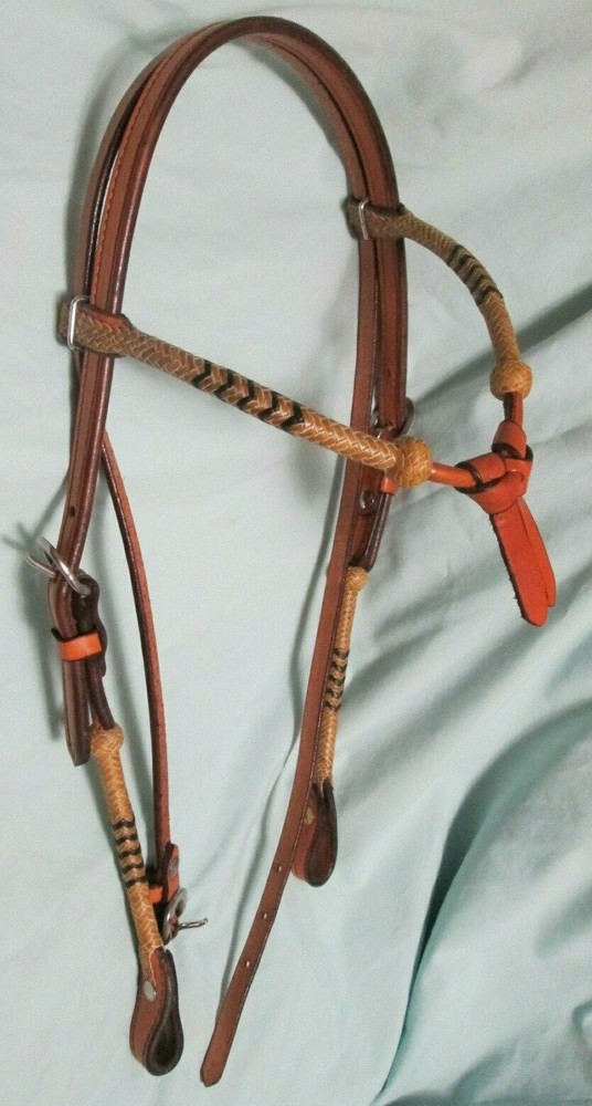Rawhide Split Browband - Leather Headstall with Rawhide Braiding