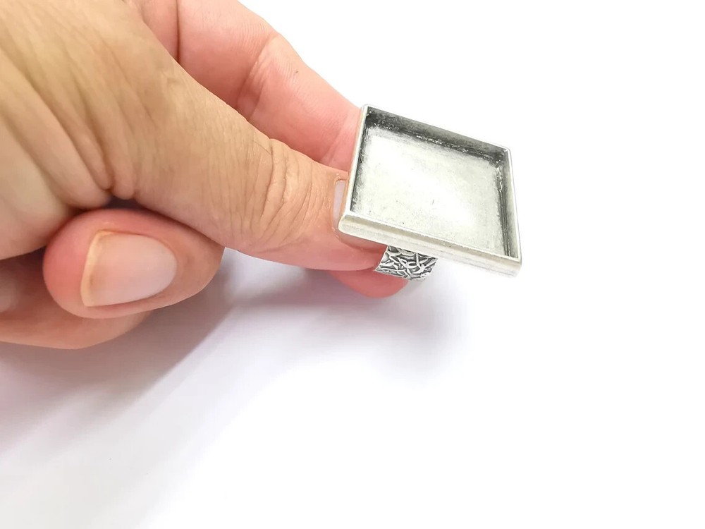 Square Antique Silver Ring Blank Settings, Cabochon Mounting Adjustable Resin