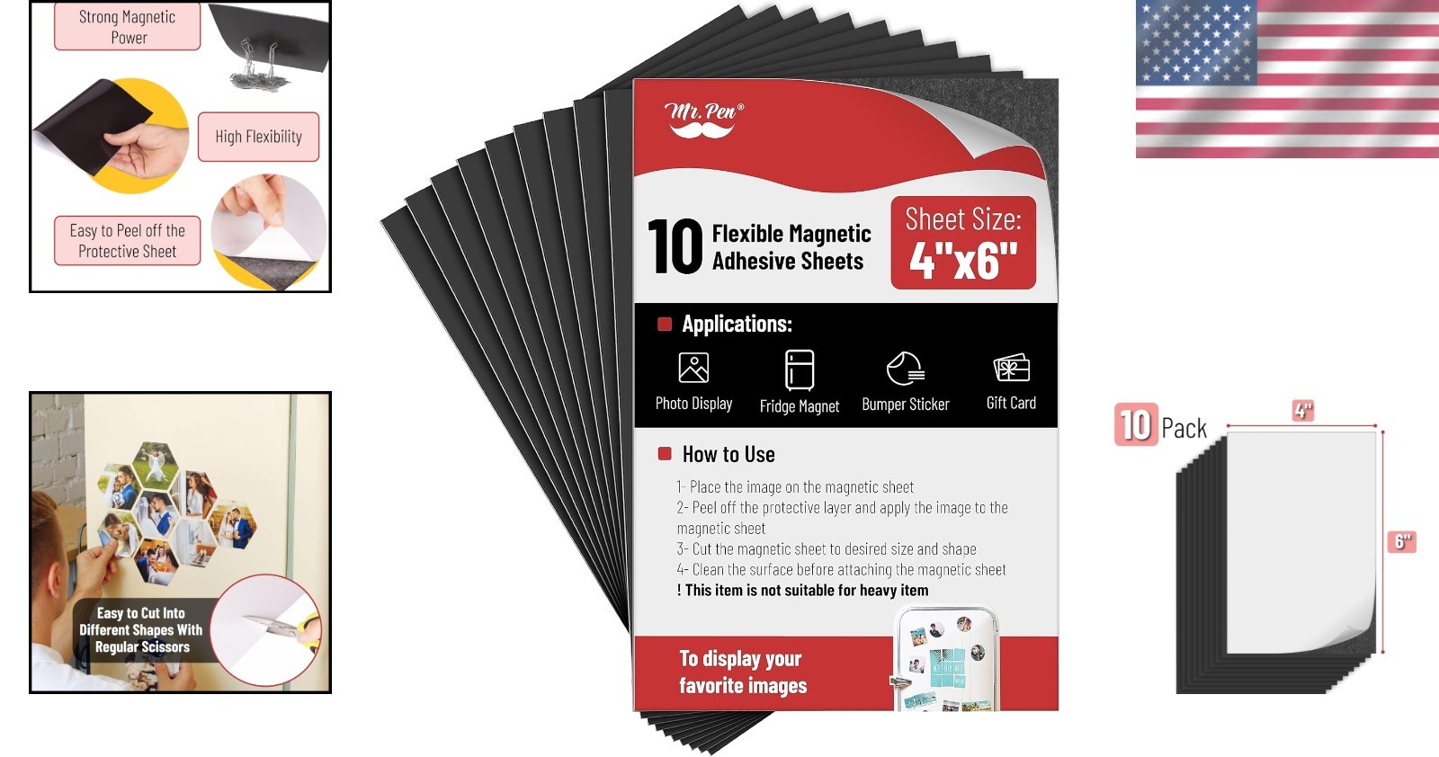 Magnetic Adhesive Sheets, 4" X 6" 10 Pack Cuttable Magnets Flexible Magnet Sheet