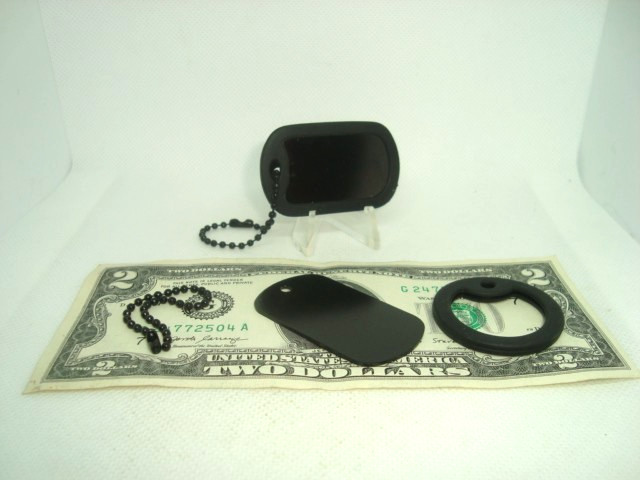 Military Style Dog Tag BLACK Aluminum + 4.5"in. Black Chain w/Black Silencer