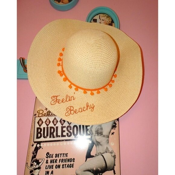 Vintage Feelin' Beachy Ivory Woven Sun Hat with orange pom pom fringe pinup