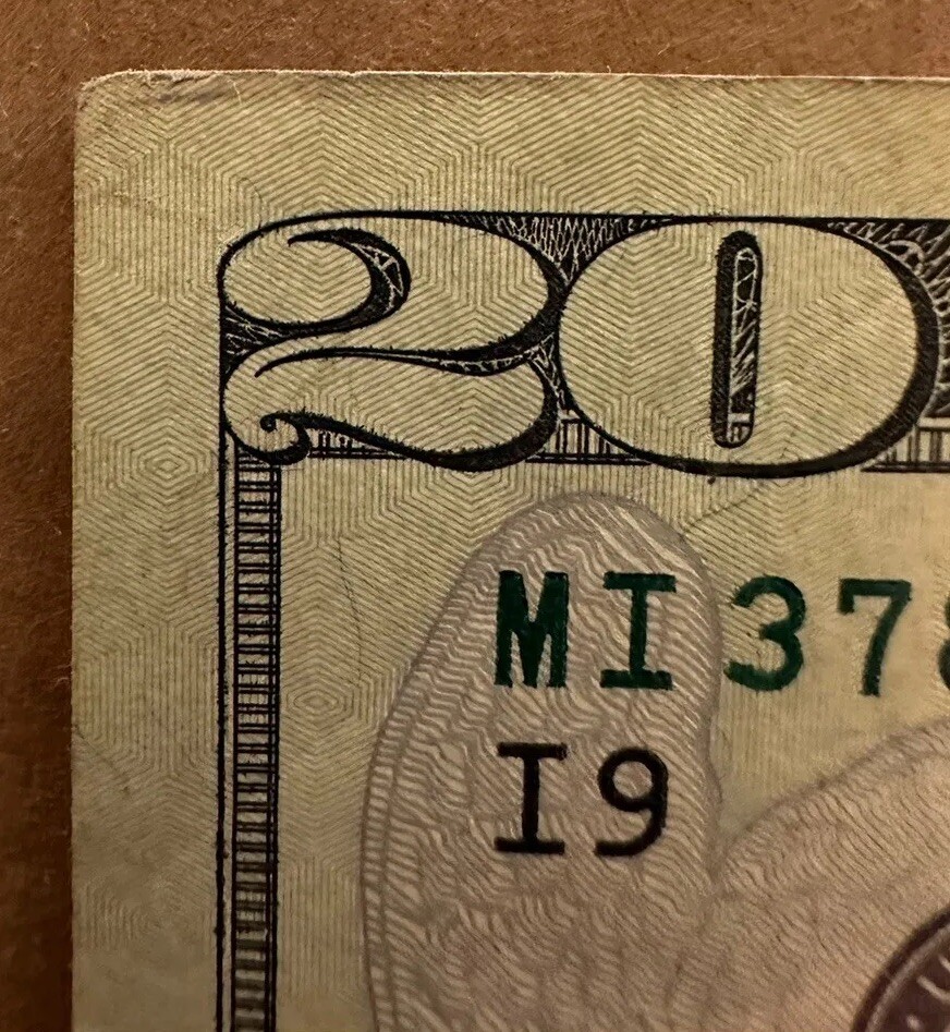 $20 BILL INK SMEAR ERROR & OVER INK BLEED THROUGH REVERSE