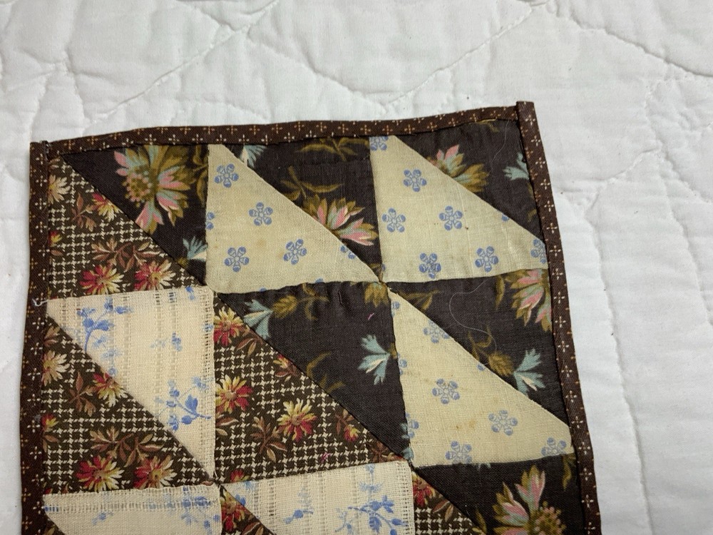 Antique Patchwork Quilt Table Topper, Nine Patch, Triangle, Early Calicos, Brown