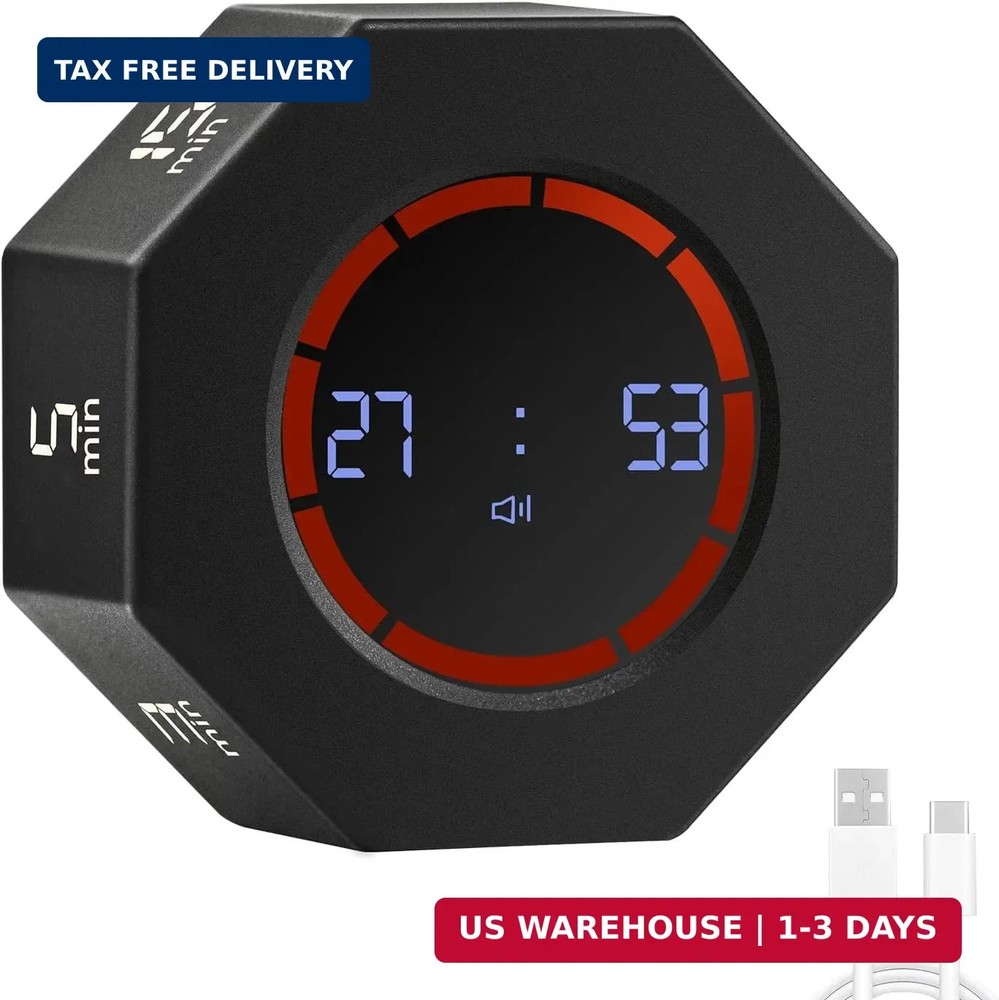 Small Rechargeable Pomodoro Timer, Gravity Sensor Auto-Rotating 7 Preset Times (