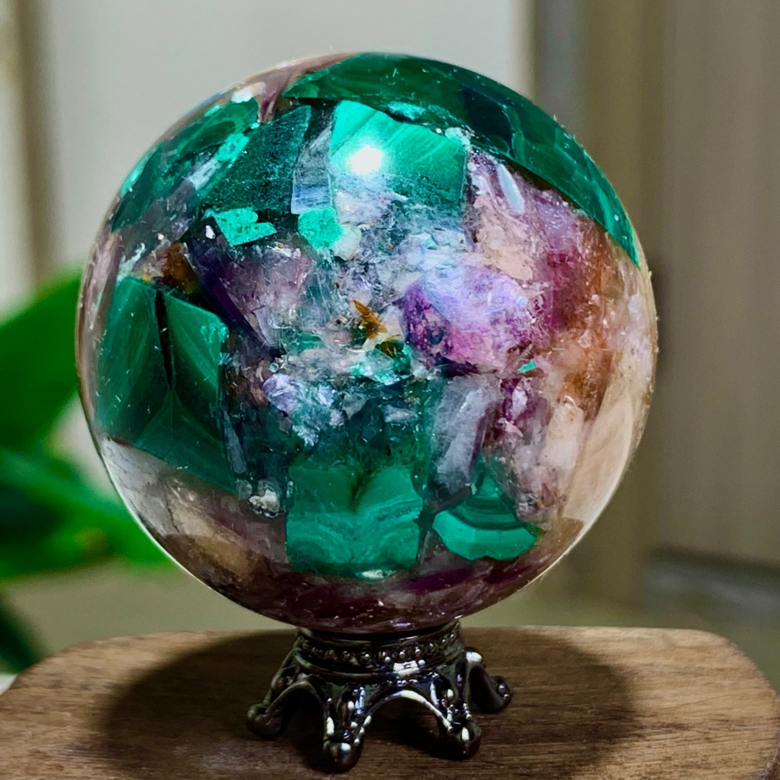 84G Newly discovered rare malachite purple mica symbiotic sphere restoration