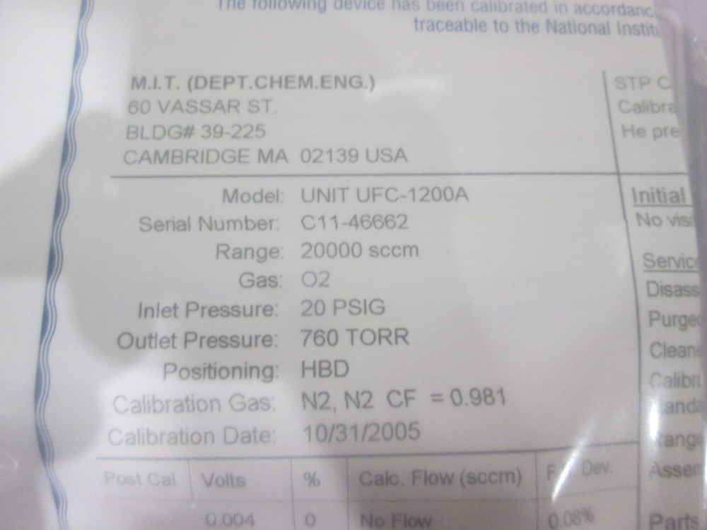 UNIT, UFC-1200A, O2, 20 SLM, Mass Flow Controller, New