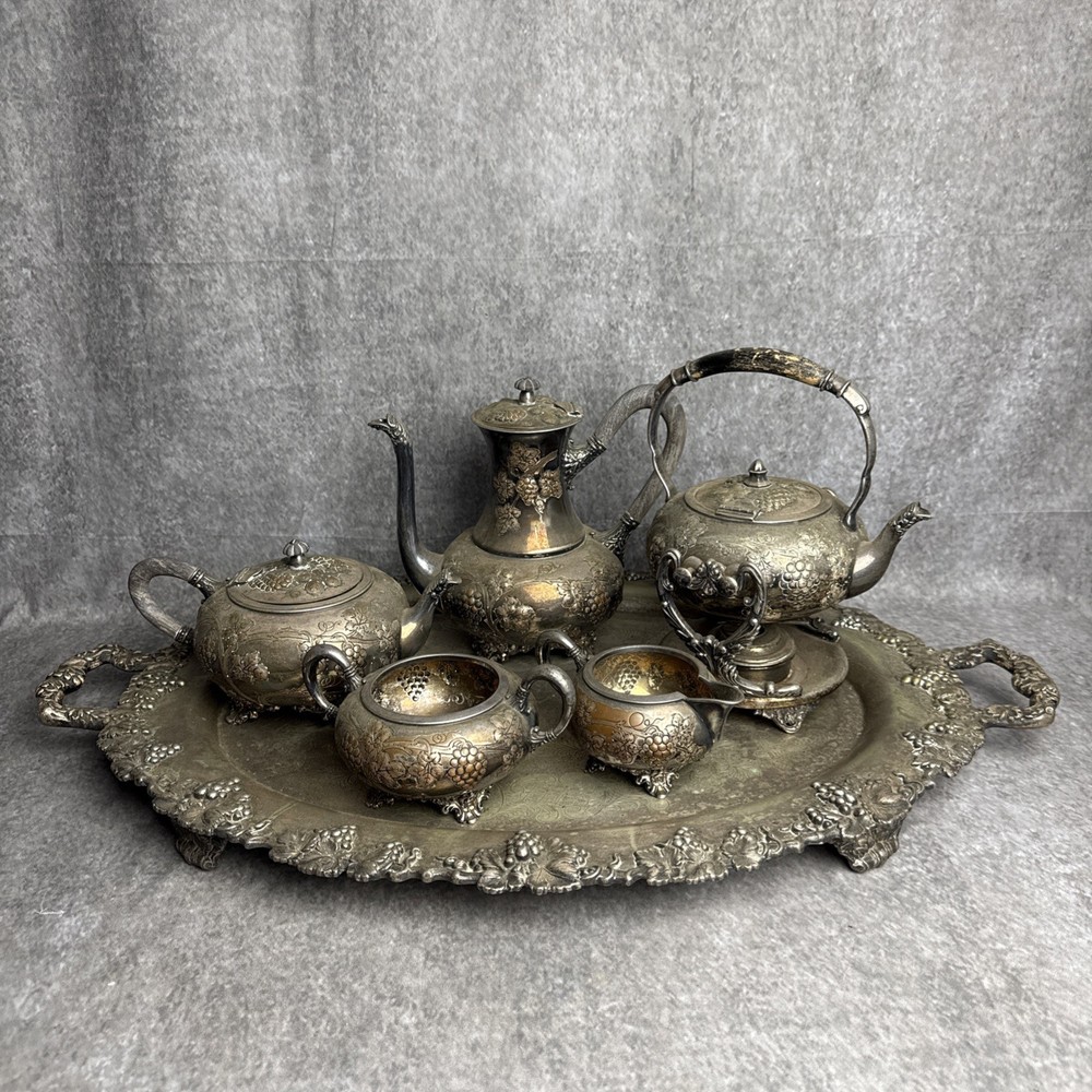 19thC Silver On Copper Plated Coffee/Tea Set Grapevine Tray Sugar Creamer Teapot