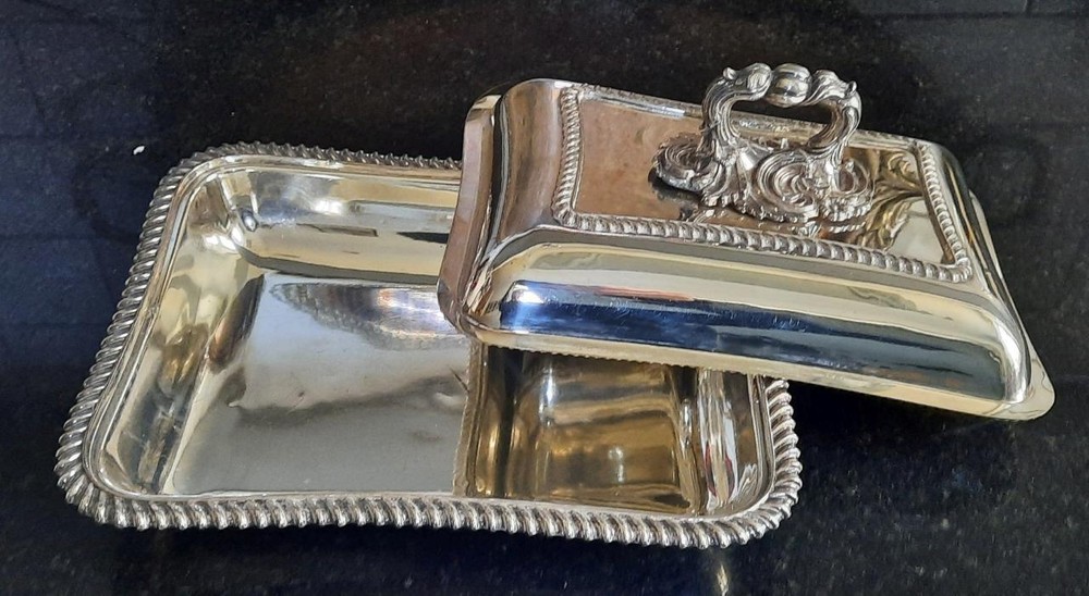Fine Antique Silver Plated Rectangular Entree Dish with Ornate Handle C 1850