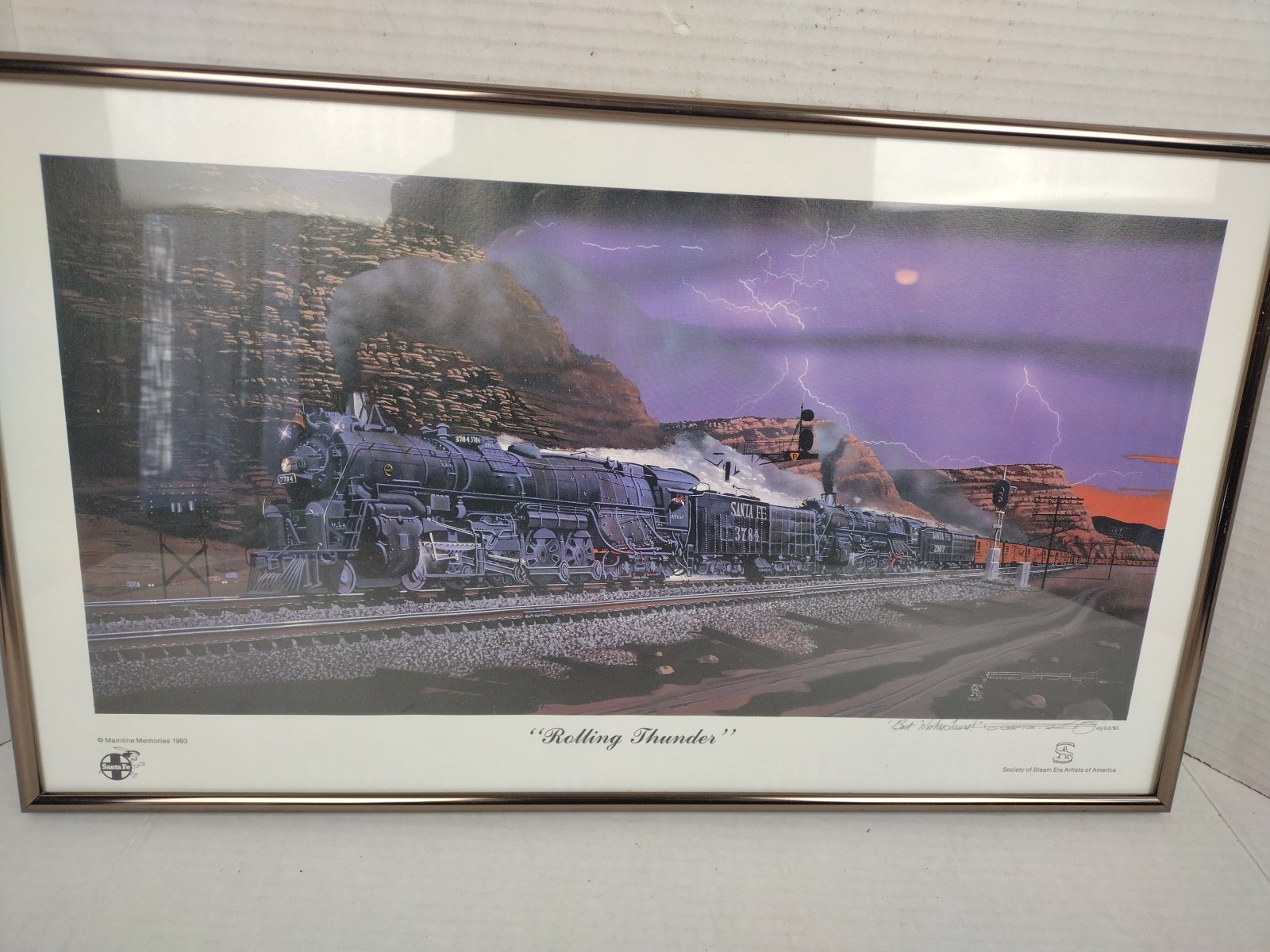 ROLLING THUNDER by ROBERT WEST Artist Signed Railroad Art 1993 Vintage Framed