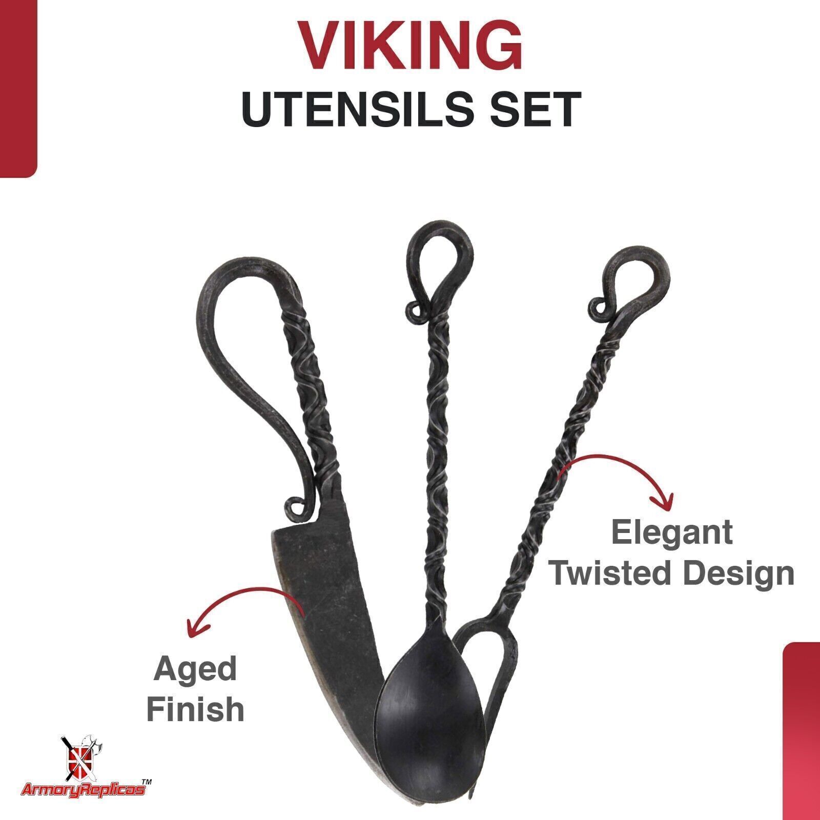 HAND FORGED FUNCTIONAL IRON MEDIEVAL INSPIRED CAMPING PARTY 3 PIECE UTENSIL SET