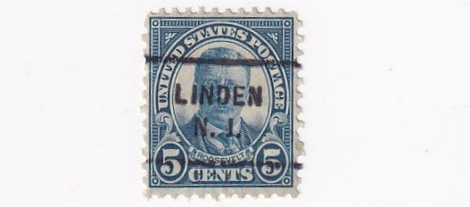 STAMP US SCOTT 637 "Roosevelt" 5 CENT 1927 PRECANCEL LINDEN, NJ.