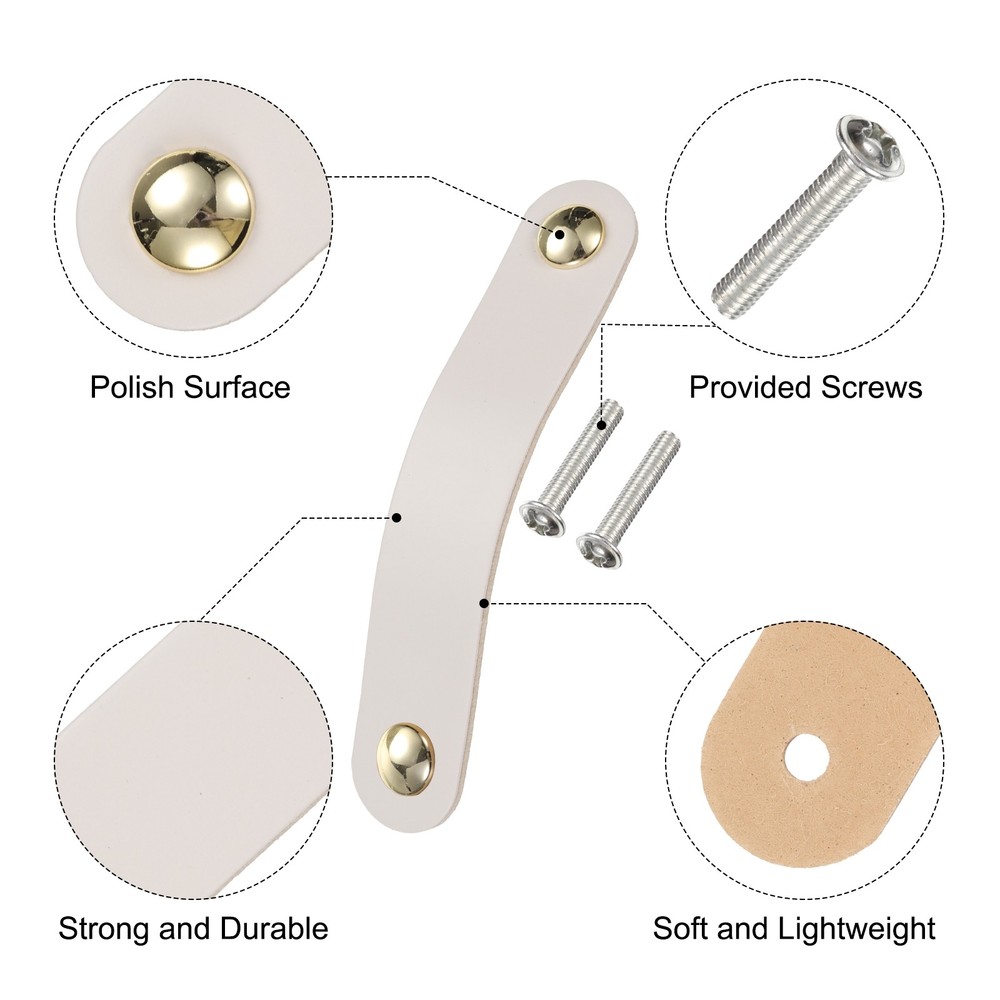 6 Packs Leather Drawer Pulls Double Hole Knobs, Cream/Gold(Hole Spacing:96mm)