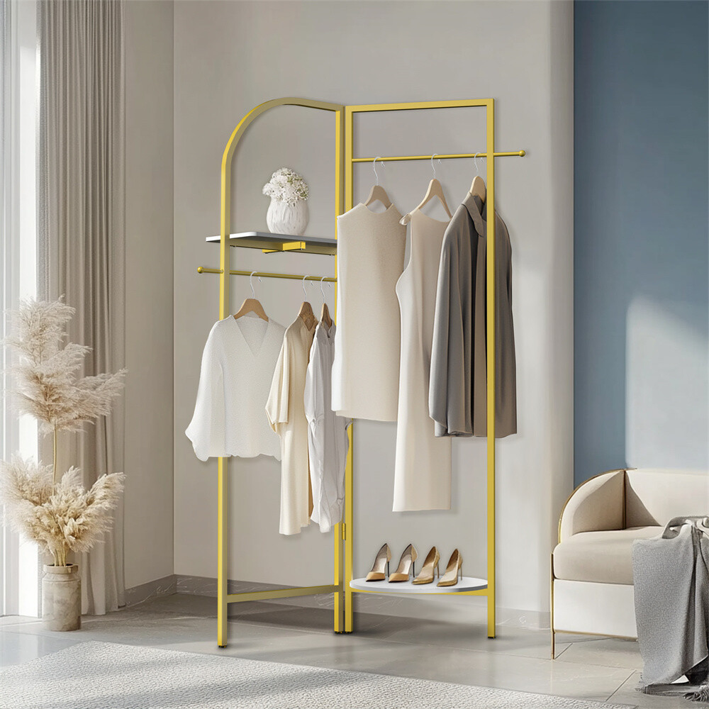 Corner Gold Metal Clothing Rack Freestanding Clothes Coat Rack 90-180° Unfolding