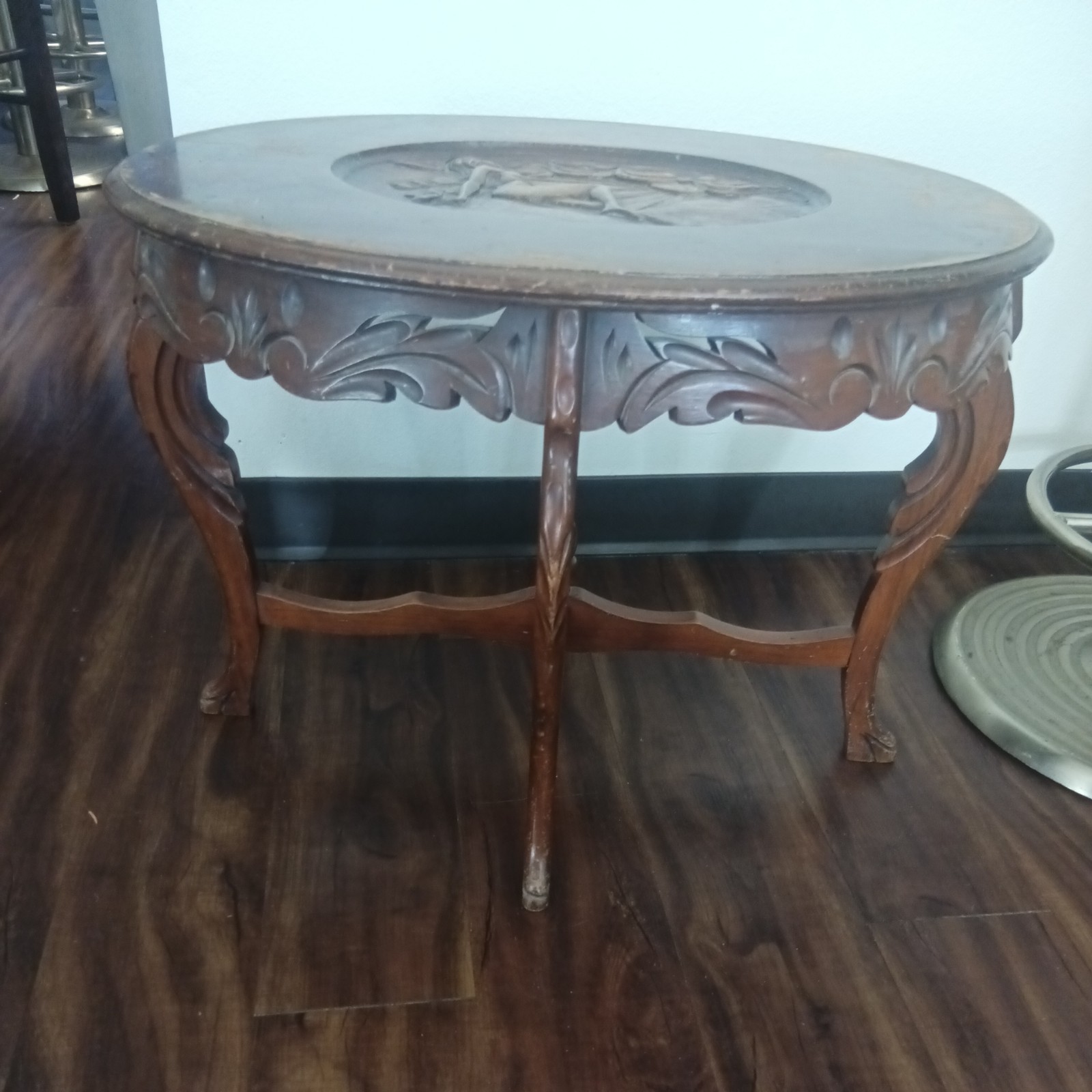 Antique Walnut carved lady basking in sun wood coffee table art nouveau deco