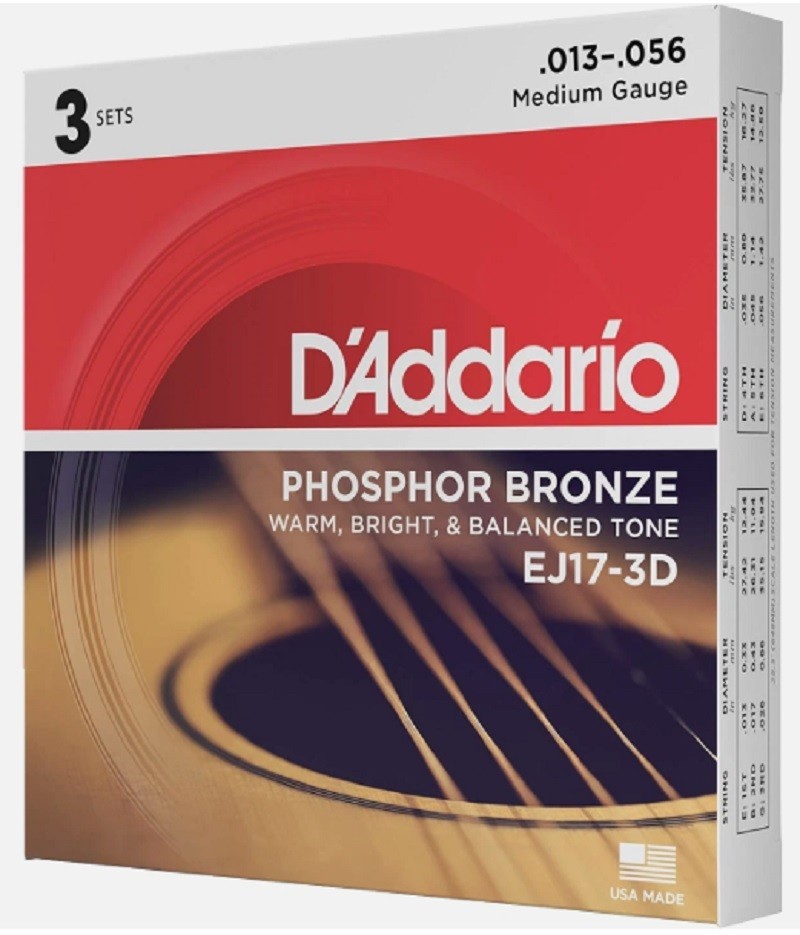 3 Sets EJ17 Acoustic Guitar Strings D'Addario EJ17-3D Phosphor Bronze Medium