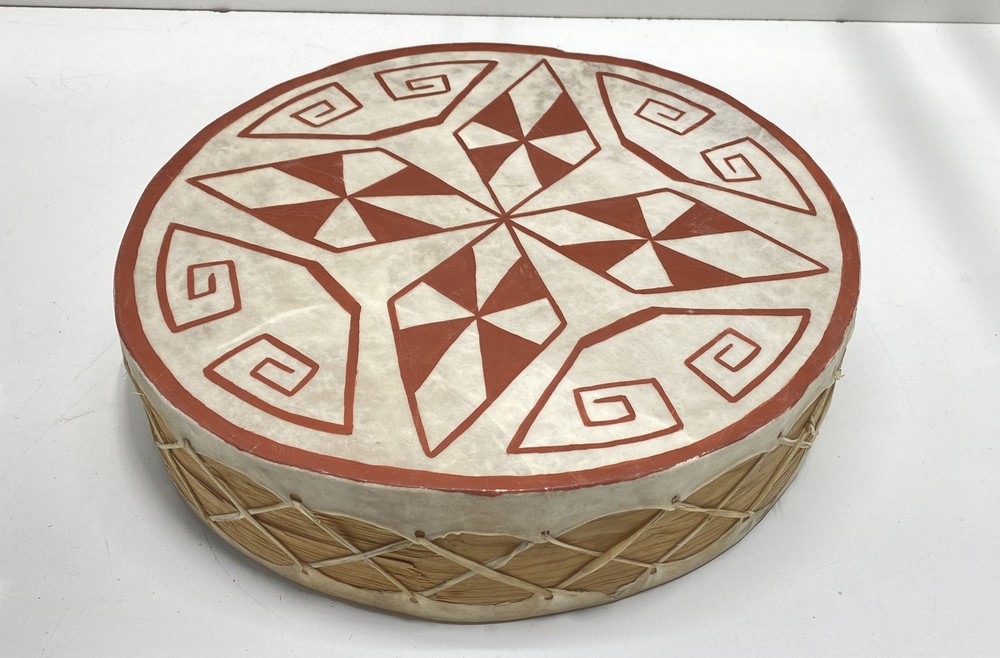 Handmade Drum Red White Geometric Pattern Wall Decor Round Percussion Art