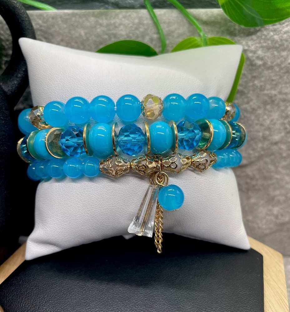 3 PC Handmade Boho  Beaded Stackable 6.5” Plus Stretch Bracelet Set New B1349