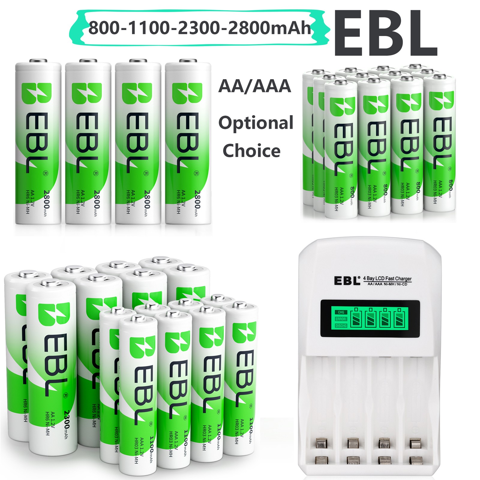 EBL AA, AAA NI-MH Rechargeable Batteries /optional Charger Lot 1100~2800mAh