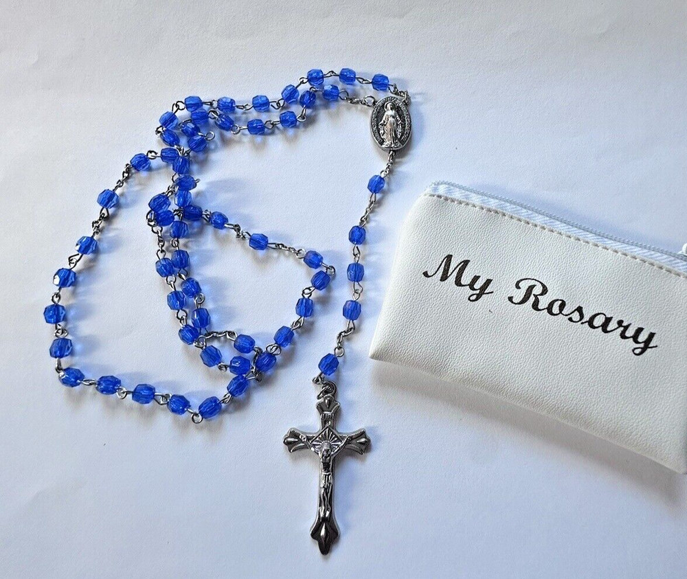 Estate 1960s Vintage Silver Tone Cobalt Blue Crystal Rosary w Case